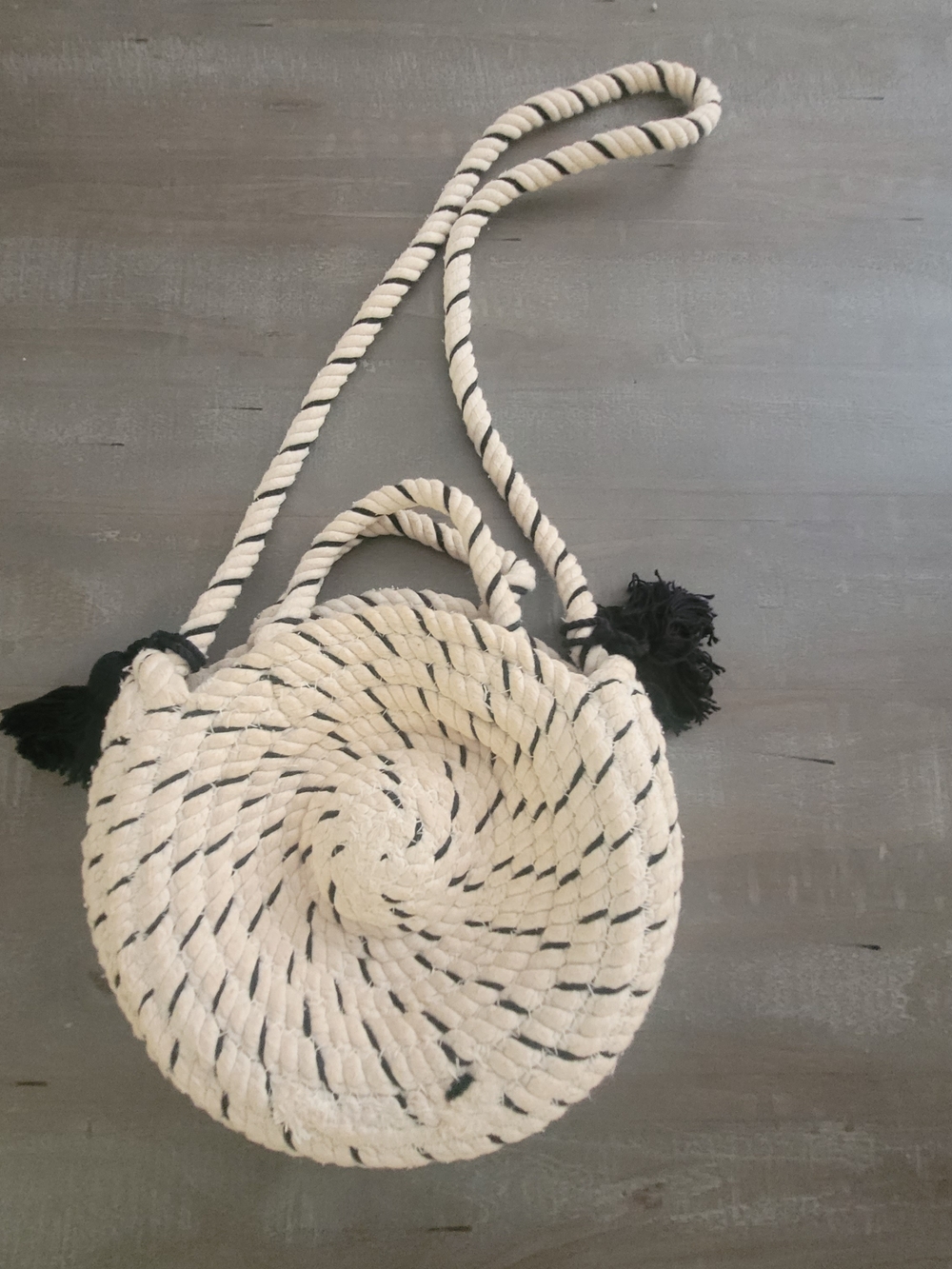 Zara Woven Rope Circle Crossbody Bag Black White Tassel Boho Coastal Chic